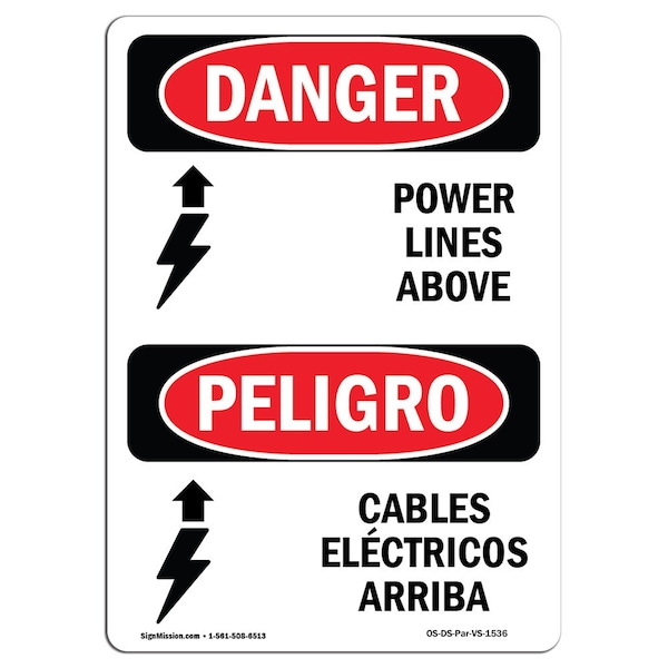Safety Sign, OSHA, 24" Height, Rigid Plastic, Power Lines Above With Symbol, Spanish